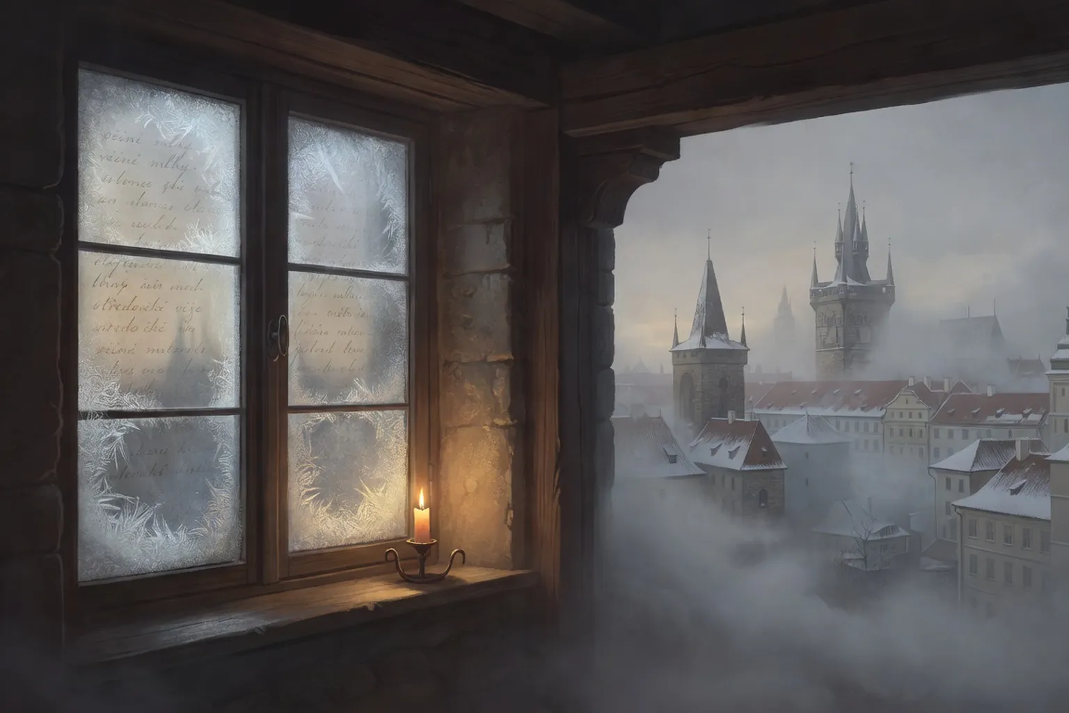 Toits d'une ville d'Europe centrale dans le brouillard hivernal avec flèches médiévales