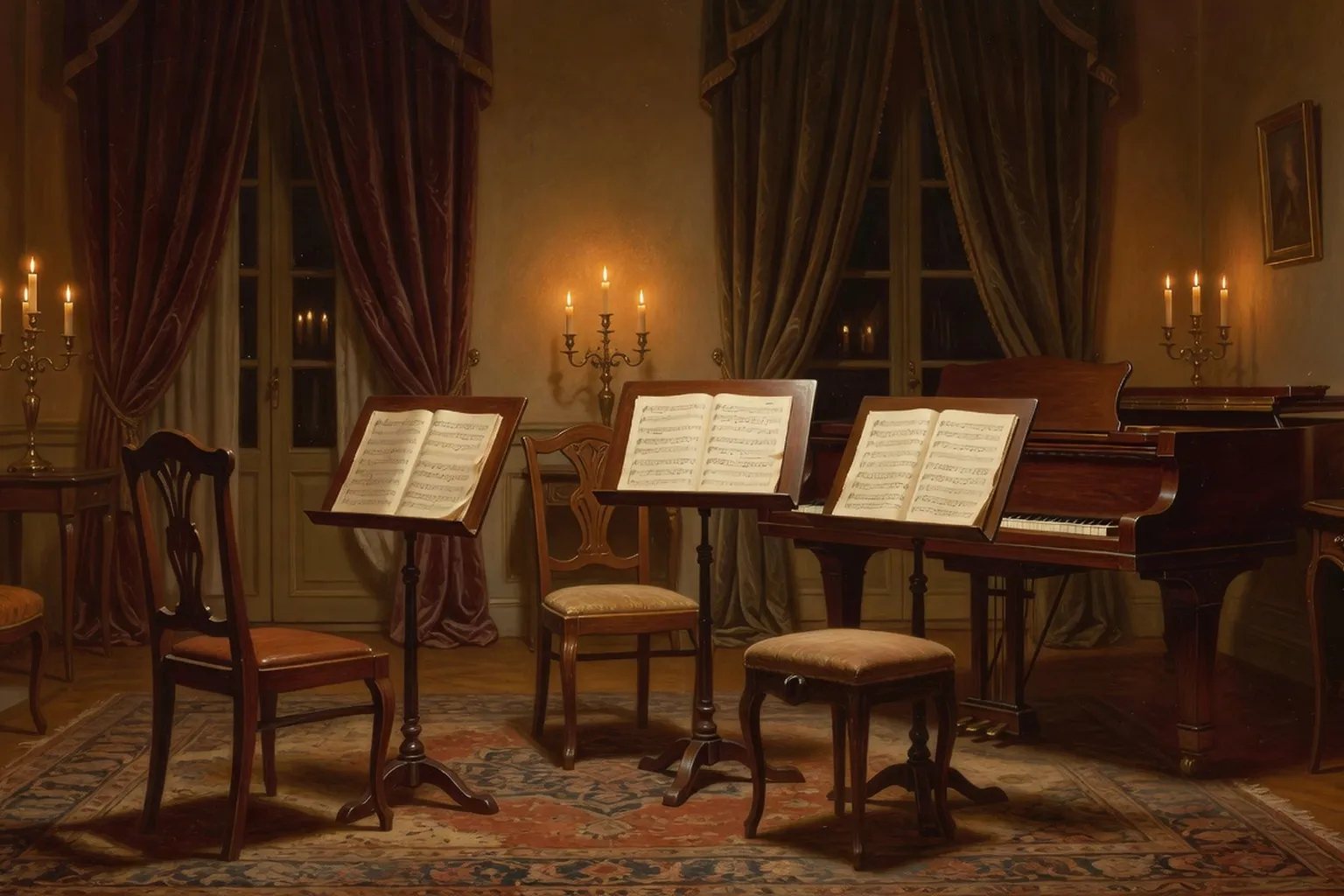 Salon de musique de Nohant du XIXe siècle avec trois chaises disposées pour un trio