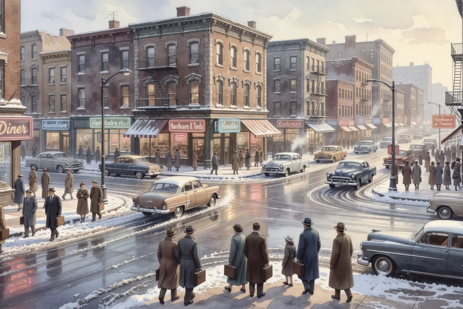 Carrefour animé de Chicago dans les années 1950 vu en plongée sous la lumière hivernale