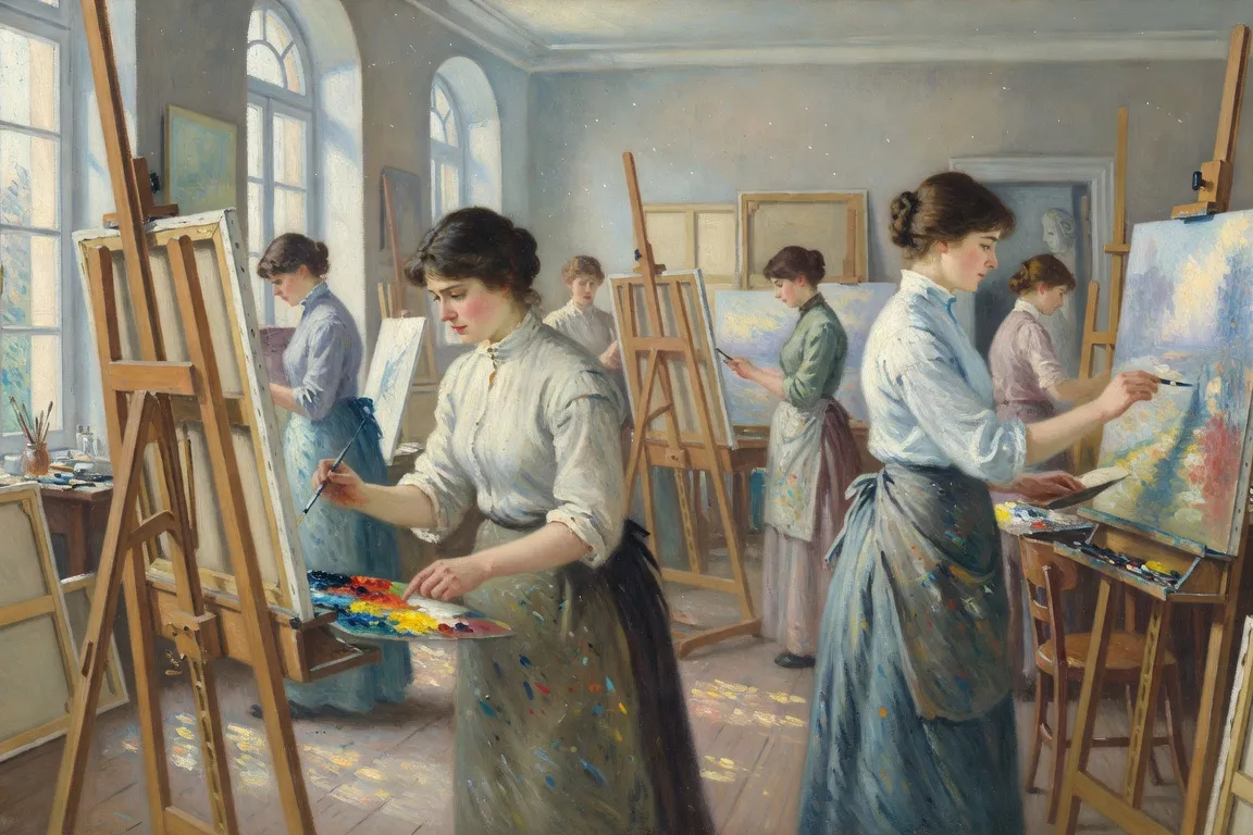 Tableau représentant une femme peintre au travail au XIXe siècle, atelier lumineux